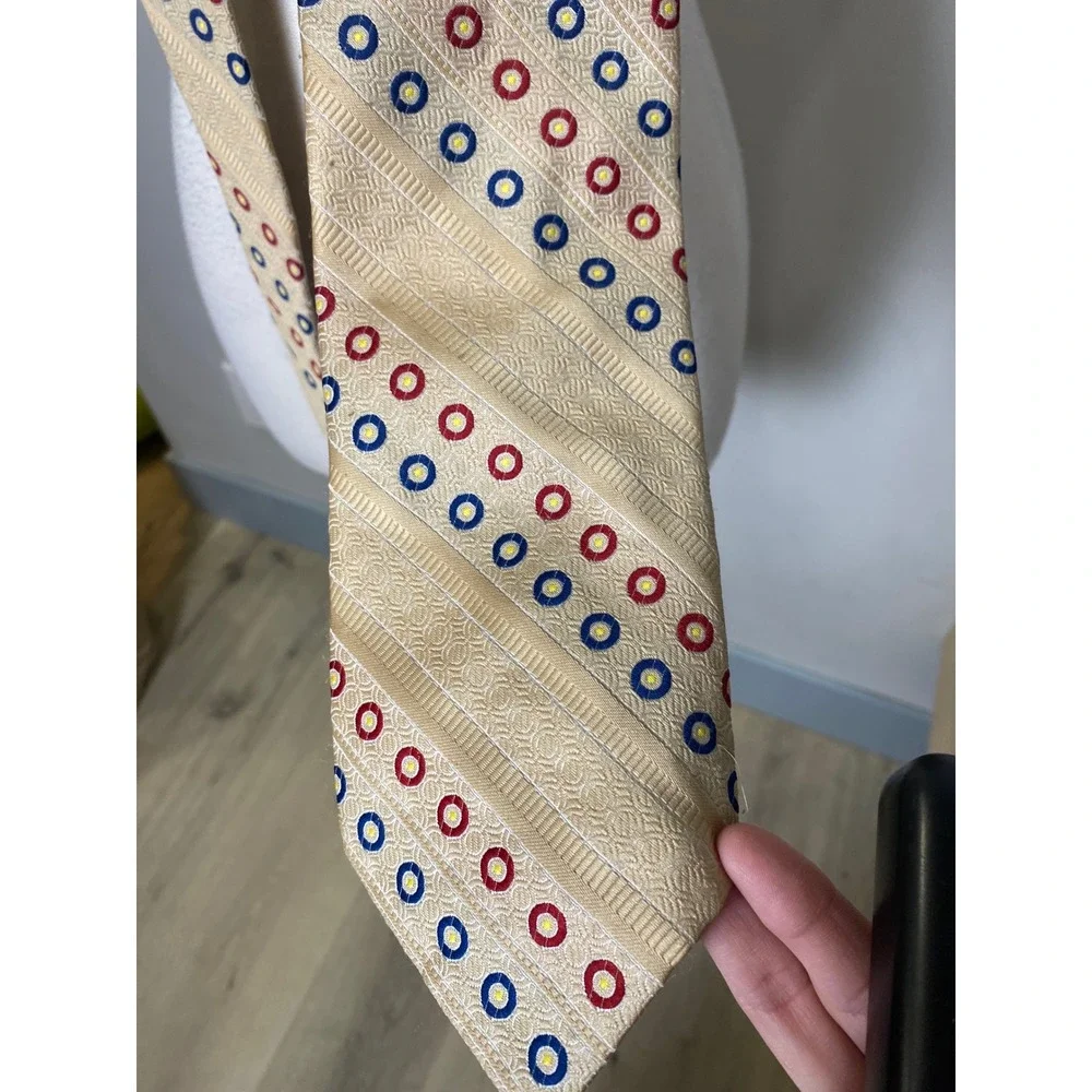 Vintage 70s Vesuvio Italy Mens Necktie Gold Red Blue Geometric Circle Stripe Tie
